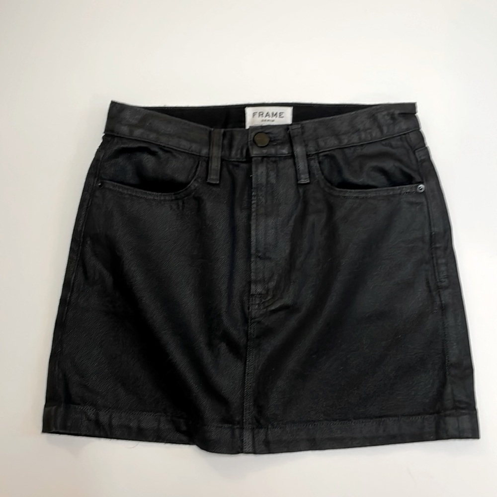 Frame coated denim black mini skirt. EUC. Size 24 or 0. Measurements in photos.